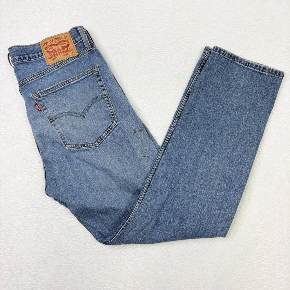 Levis 505 Regular Fit Mens Jeans 36x32 Light Wash Blue Stretch 00505-2958
